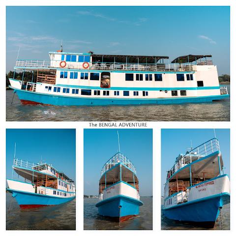 A large, two-story white and blue riverboat, labeled "The Bengal Adventure," floats on the water on a sunny day, presented in a collage with close-up views.