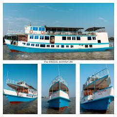 A large, two-story white and blue riverboat, labeled "The Bengal Adventure," floats on the water on a sunny day, presented in a collage with close-up views.