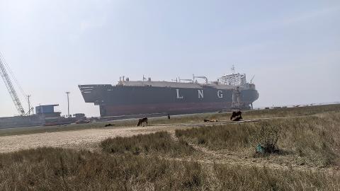 A large LNG ship is docked at a shipyard in Bangladesh, with a crane, some boats, and a few cows on the shore.