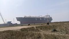 A large LNG ship is docked at a shipyard in Bangladesh, with a crane, some boats, and a few cows on the shore.