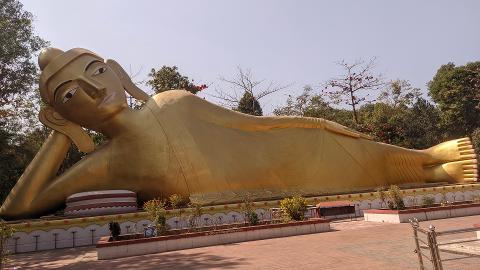 A giant golden statue of a reclining Buddha lies serenely amidst lush greenery under a clear blue sky.