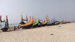 A fleet of colorful fishing boats is lined up on a sandy beach under a clear sky, with the ocean in the background.