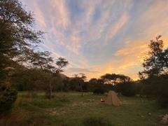 A tranquil camping scene under a pastel sunset sky, featuring a tent pitched on grassy ground, surrounded by trees.