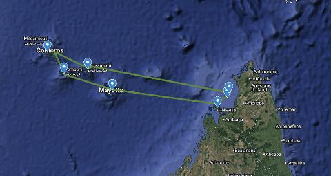 A map showcases a route connecting Mitsamiouli, Comoros, Mutsamudu, Omboni, Mayotte, and Hell-Ville in Madagascar, likely indicating a travel itinerary between these Indian Ocean locations.