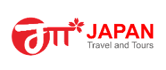 The image is a logo for "JAPAN Travel and Tours" featuring red stylized letters that resemble the name, with a cherry blossom above the "T" and "Travel and Tours" in gray below.