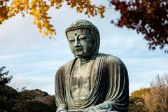 A large bronze Buddha statue sits serenely outdoors, framed by autumn foliage and a blue sky.