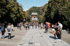 A crowded stone path leads to a traditional Japanese temple gate, framed by lush trees, with people walking and a couple standing in the foreground.