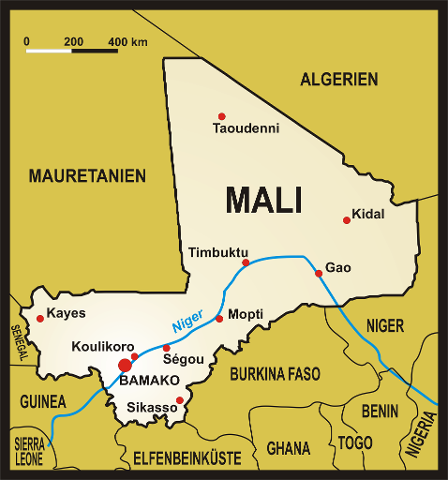 A map of Mali, showing its location in West Africa, bordering countries like Algeria, Mauritania, and Niger, with major cities like Bamako, Timbuktu, and Gao marked, and the Niger River flowing through it.