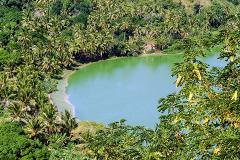 A picturesque view of a turquoise lake surrounded by lush tropical vegetation, with palm trees dominating the landscape.