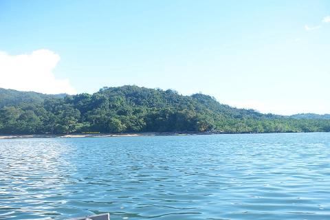 A tranquil view of a lush, green-covered island with a sandy beach and clear blue water under a bright sky.