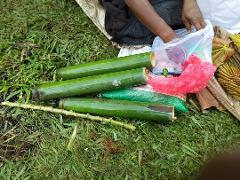 A person is packing items next to several bamboo tubes and plant stems on a grassy area, likely at a festival or outdoor event.