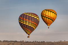 Two colorful hot air balloons drift serenely against a vast sky, with a landscape of trees and rolling hills visible below.