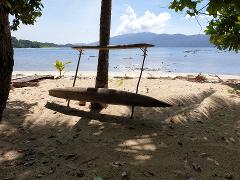 Muschu Island Overnight Tour From Wewak, Sepik A wooden swing hangs from a tree on a sandy beach overlooking a calm ocean and distant mountains.