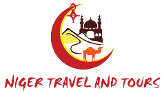 The image displays the logo of "NIGER TRAVEL AND TOURS", featuring a red crescent moon encircling a desert scene with a camel, a building, and a small hill, all in front of a black background.