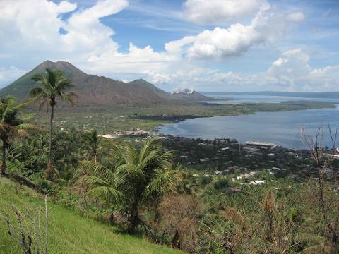 A scenic landscape featuring a lush, green hillside with palm trees, overlooking a town along a coast, with volcanic mountains in the background under a blue sky with scattered clouds.