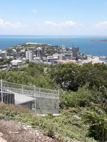 This is a scenic, daytime view of Port Moresby, Papua New Guinea, featuring the city skyline, waterfront, and lush green foliage in the foreground.