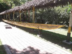 A long, decorated yellow canoe rests on supports under a thatched roof, beside a brick walkway and green lawn.