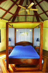 A sun-drenched bedroom featuring a four-poster bed with a bright blue quilt, set under a high ceiling with exposed beams and a ceiling fan.