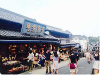 Et travlt gadebillede i et japansk shoppingdistrikt byder på traditionel arkitektur, menneskemængder, der kigger i butikker, og et skilt med japanske tegn og det engelske ord &quot;Museum&quot;.