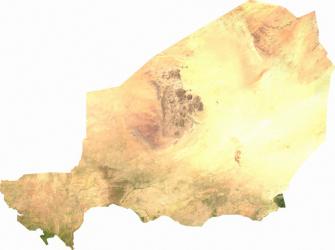 This is a satellite image of Niger, revealing a desert landscape that transitions into greener areas in the south.