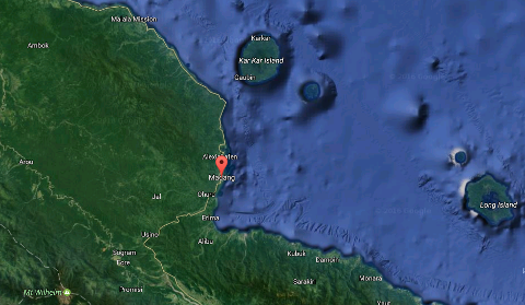 This is a Google Maps screenshot centered around Madang, Papua New Guinea, showing surrounding towns, islands like Kar Kar and Long Island, and geographic features including Mt. Wilhelm.