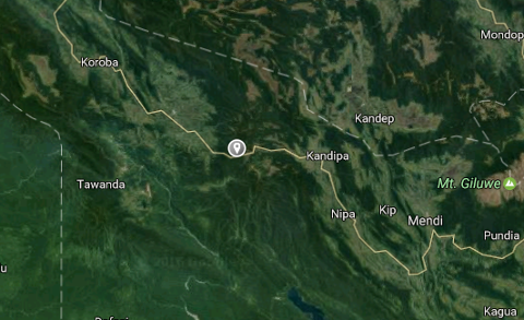 This aerial view shows a mountainous region in Papua New Guinea, possibly near Tari, with towns labeled including Koroba, Kandep, Kandipa, and Mendi, and Mt. Giluwe. A pin marks a specific location.