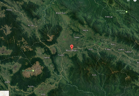 This is a satellite view of Mount Hagen in Papua New Guinea, showcasing the surrounding mountainous terrain, river systems, and nearby towns.