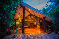 An inviting, warmly lit wooden cabin with a high peaked roof and carved support pillars, nestled amidst lush tropical greenery.