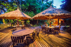 This image shows an outdoor restaurant with thatched-roof umbrellas covering the tables and chairs on a wooden deck surrounded by lush greenery.