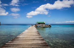 A long wooden pier stretches into clear turquoise water, leading to a small wooden structure with a green roof, with a boat beside it under a bright blue sky with puffy white clouds.
