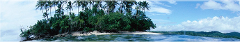 A panoramic view captures a small tropical island covered in lush greenery and palm trees, surrounded by calm blue waters under a partly cloudy sky.