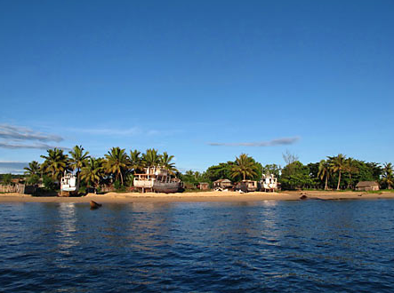 A tropical island view featuring a sandy beach with palm trees and several buildings, including beached boats, under a clear blue sky.