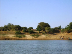 A wide riverbank scene with people near the water's edge, dotted with trees and vegetation under a clear sky.
