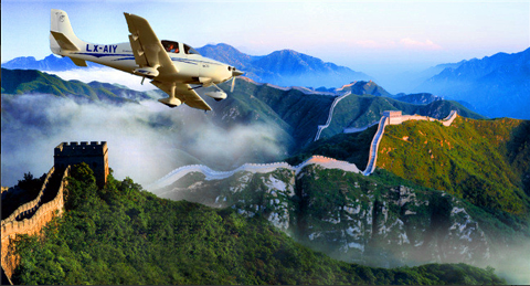 A small plane flies over the Great Wall of China, traversing the mountainous landscape.