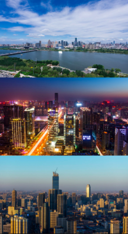 The image is a collage of three different cityscapes, showing the same city at different times of day.