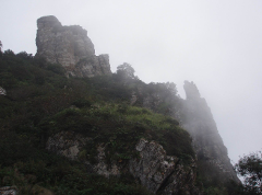 A foggy landscape features rugged, rocky cliffs covered in green vegetation, disappearing into the mist.