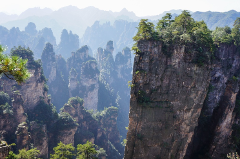 A scenic view of tall, thin rock formations with trees on top in a mountainous, foggy landscape.