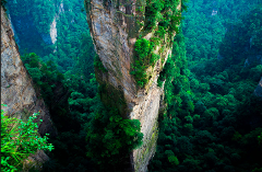 A vertical rock formation rises in a green forested valley.