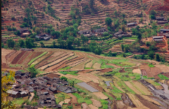 A bird's-eye view captures a rural landscape with terraced fields and traditional houses.