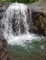A cascading waterfall plunges into a pool of water surrounded by dark, mossy rocks and lush greenery.