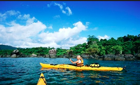 A woman kayaks in a yellow kayak in a blue body of water surrounded by a lush coastline under a partly cloudy blue sky.
