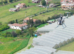 Cali Helicopter Tour - Best Value Aerial Tour - Best Pilots A helicopter flies over a large area of greenhouses, with houses and green fields in the background.