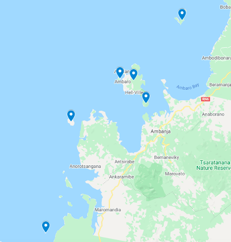 This map shows the location of Nosy Be and surrounding areas in Madagascar, including Ambanja, Ambaro, Hell-Ville, and other towns, with location pins indicating potential destinations.
