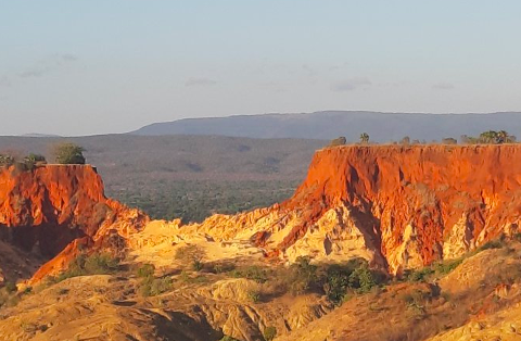 This eye-level shot shows the vibrant red Tsingy Rouge formations under a clear sky with a valley, trees, and mountains visible in the background.