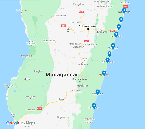 A map of Madagascar shows a route marked with blue pins along the east coast, from Toamasina (Toa sina) to Farafangana (Fara jana), with cities and roads labeled.