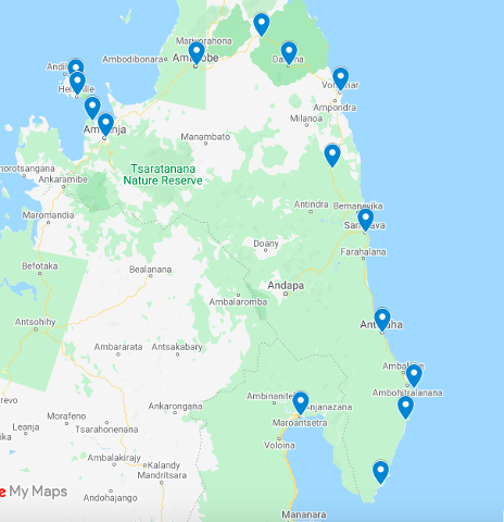 The map shows a section of Madagascar's northern and eastern coasts, dotted with location markers, featuring cities like Nosy Be, Antalaha, and Maroansetra, and the Tsaratanana Nature Reserve.