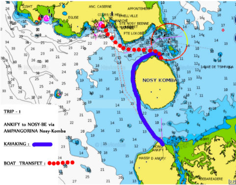 This nautical chart depicts a route from Ankify to Nosy-Be via Ampangorina and Nosy-Komba, distinguishing between kayaking and boat transfer segments.