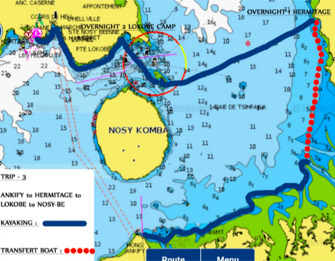 A nautical chart depicting a kayaking trip route from Ankify to Hermitage, then to Lokobe Camp, and finally to Nosy Be in Madagascar.