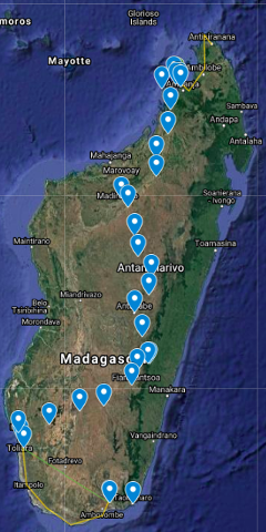 A Google Maps-style view of Madagascar showcases a 40-day supported cycle trip route from north to south along the central cultural axis, marked by a series of blue location pins.