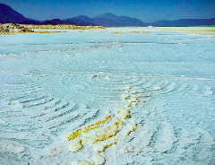 A landscape featuring a vast expanse of pale blue and white salt flats, with concentric circular patterns, leading to distant mountains under a clear sky.
